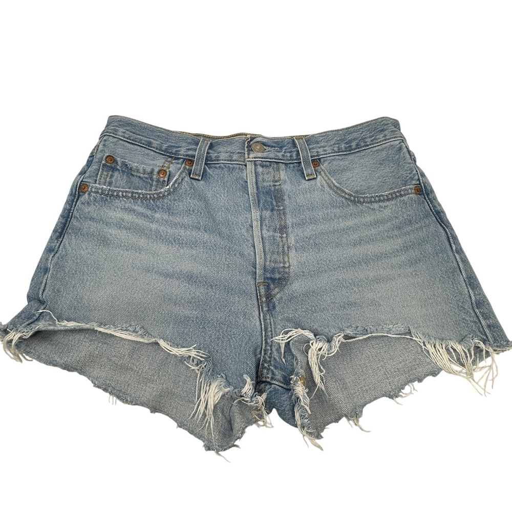 Levis Premium Denim Shorts Womens 28 Light Wash Frayed Hem High Rise‎ Button Fly